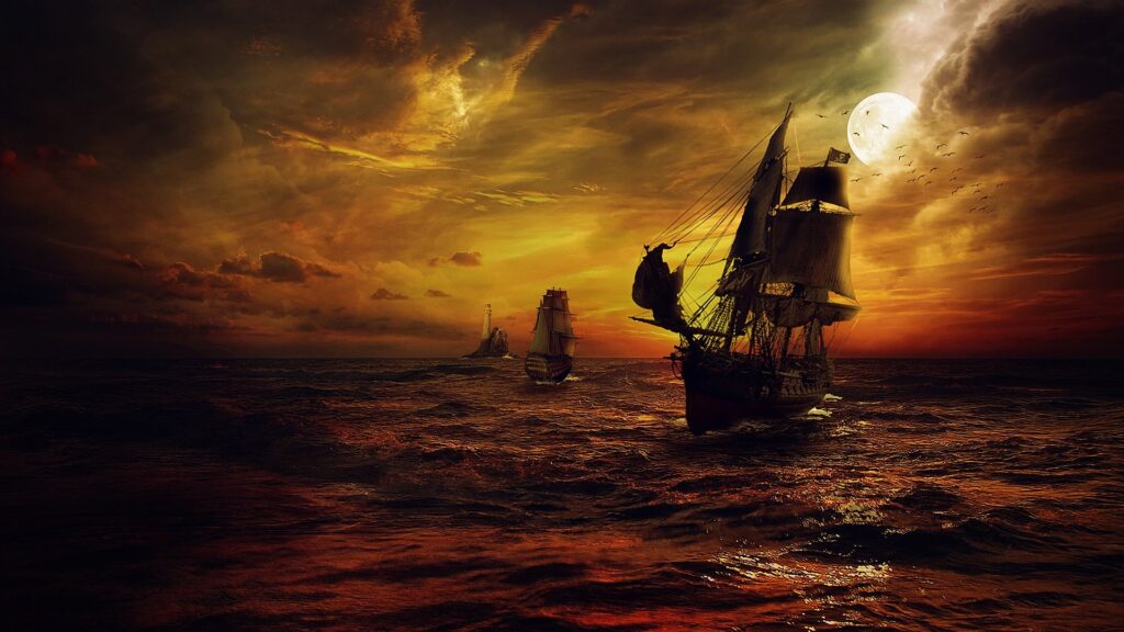 painting of galleon salling on the high seas